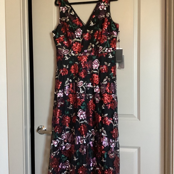 Adrianna Papell Black and Red Floral Midi sequin Dress - Picture 9 of 15